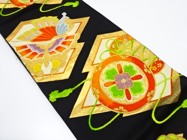 JAPANESE KIMONO / ANTIQUE FUKURO OBI / SILK / WOVEN DRUM & BUTTERFLY